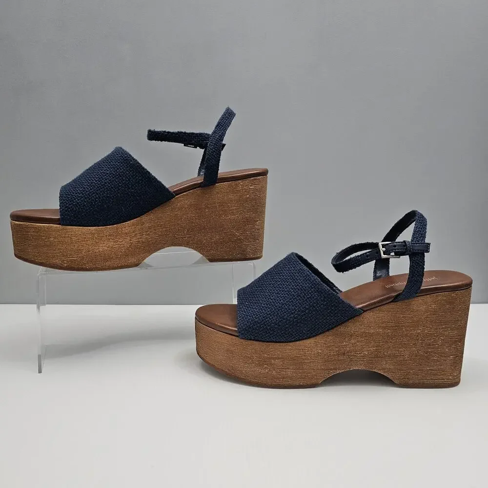 Jeffrey Campbell On Deck Platform Sandal Womens 10 Navy Blue Wood Wedge Heel